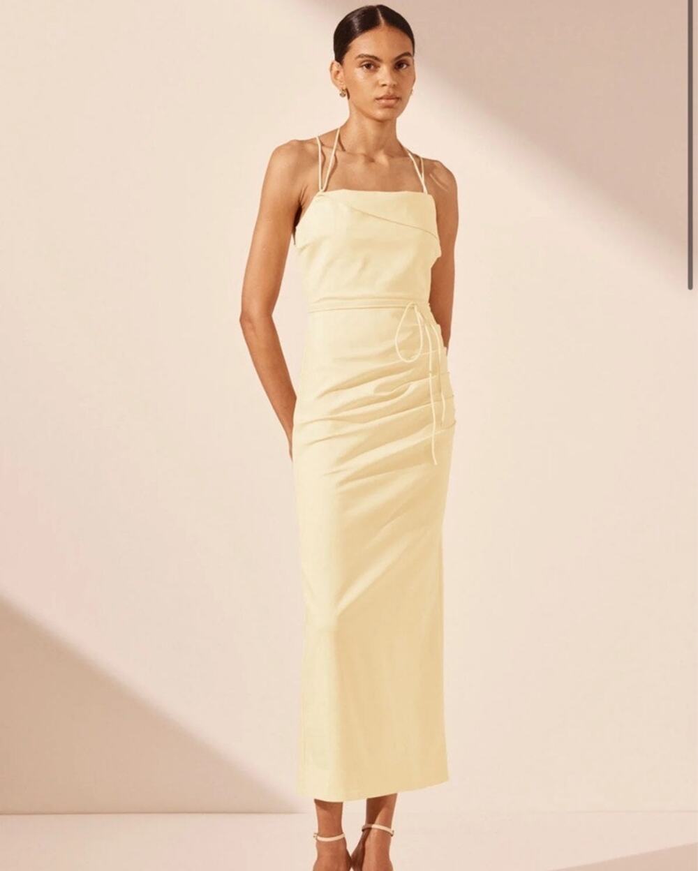 Shona Joy Lani Vanilla Cream Draped Strappy Cross-Back Midi Dress Size 2